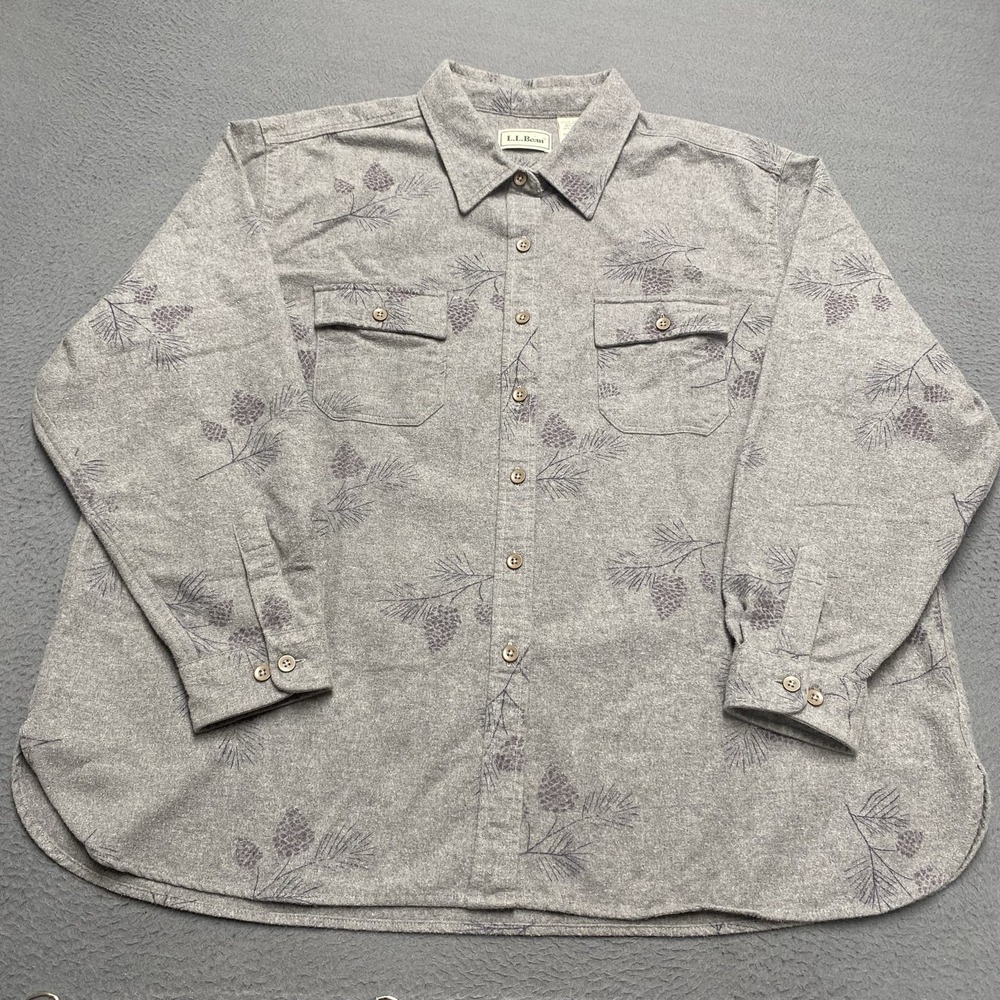 L.L.Bean Shirt Womens 2X Gray Pinecone Floral Flannel Button Up Long Sleeve